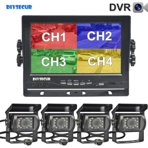 DIYSECUR AHD 7" 4 Split QUAD IPS Car HD Monitor 1300000 Pixels AHD Rear View LED Camera Waterproof with SD Card Video Recording