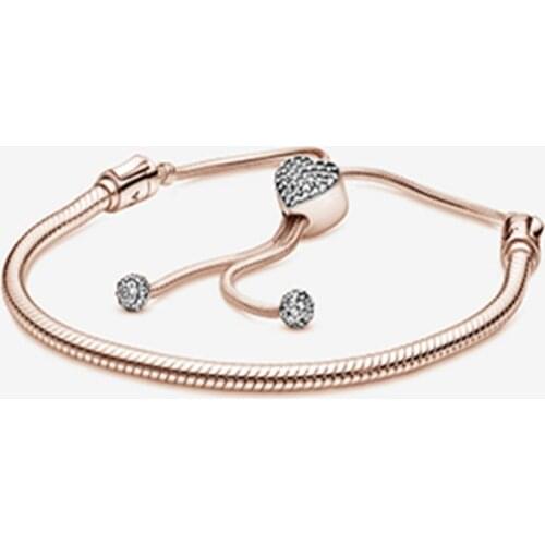 Moments Pave Heart Clasp Snake Chain Slider Bracelet For Women 925 Sterling silver Luxury Jewelry Bracelet Gift for Lover