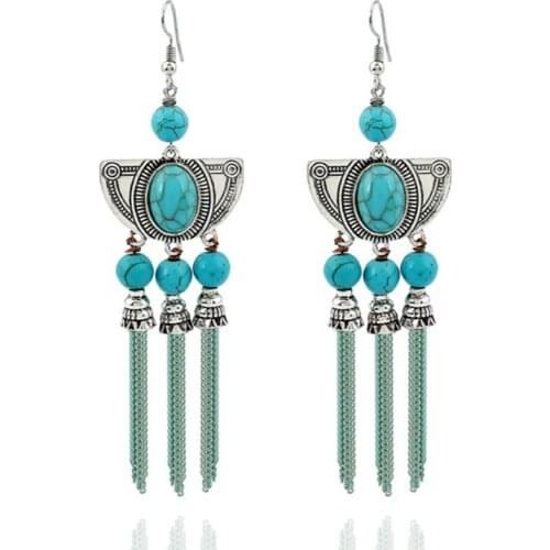 Silver Plated Alloy Geometric Green Turquoises Stone Drop Earrings with Tassels Bohemian Style Jewelry