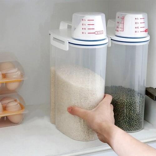 2pcs 2kg Sealed Rice Dispenser Cereal Grain Flour Dry Food Kitchen Container Organizer with Measuring Cup Plastic Storage Box