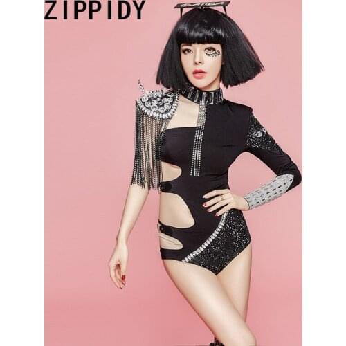 Glisten Rhinestones Tassel Single Sleeve Bodysuit Black Stretch Hollow Unique Womens Stage Wear Dancer Nightclub Costume