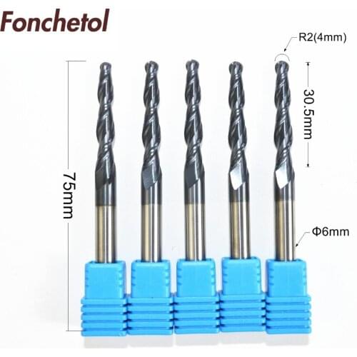 5PCS-6mm*R2.0*30.5*75,CNC solid carbide woodworking router bit,2 flutes taper ball nose end mill,spherical cone milling