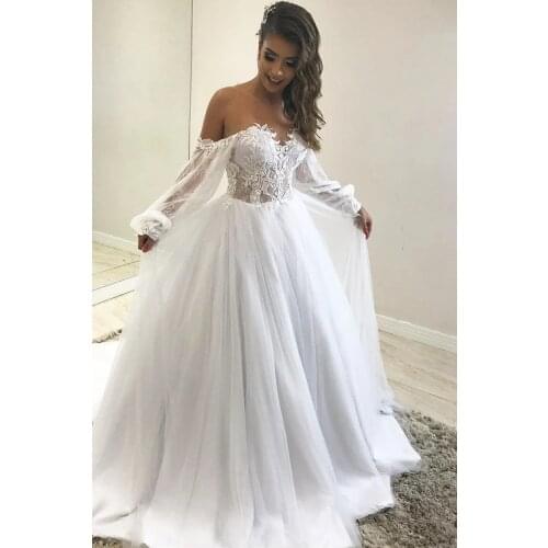 Boho Lace Wedding Dresses for Bride 2021 Long Sleeves Off Shoulder Ball Gown Floral Bridal Wedding Gowns vestido de noiva