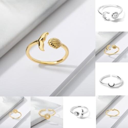 New Simple Gold Silver Color Open Copper Star Sun Moon Shell Fish Tail Rings For Women Adjustable Ring Fashion Jewelry Best Gift