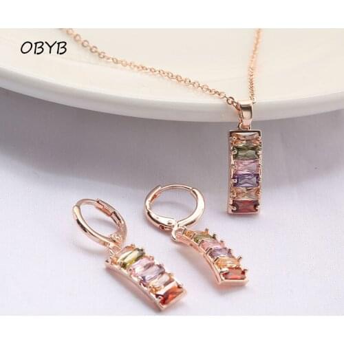 OBYB New Women Luxury Square Crystal CZ Necklace Earrings Sets Color Rose Gold Pendant Bridal Accessories Wedding Jewelry Sets