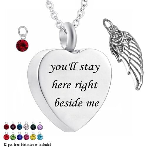 You'll stay here right beside me 12 Piece Birthstone Crystal Urn Necklace Heart Memorial Keepsake Holder Pendant Ashes
