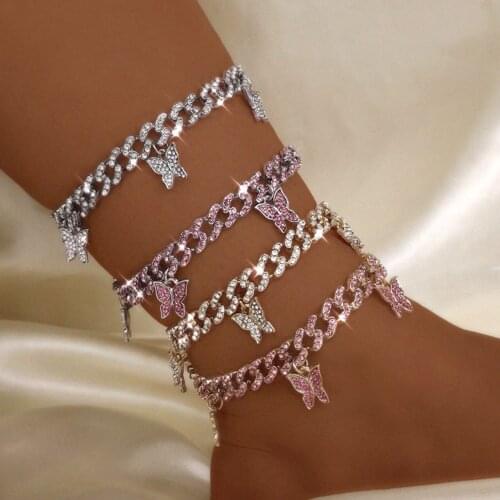 Punk Miami Cuban Link Butterfly Pendant Anklets Chain for Women Summer Rhinestone Ankle Bracelet Jewelry 2021 Beach Accessories