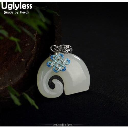 Uglyless Real 925 Sterling Silver Natural Jade Elephant Pendants without Necklaces for Women Vintage Enamel Chinese Knot Jewelry