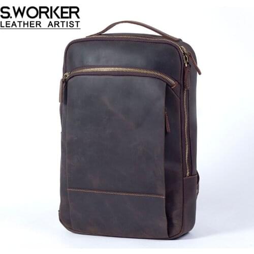 S.WORKER Vintage Genuine Leather Backpack Laptop Shoulder Bag Full-Grain Leather Handicraft Travel Bag Schoolbag 2020 NEW