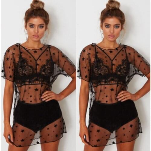 Sexy Women Bikini Cover Black See-through Star Short Sleeve Kaftan Sarong Dress Swimwear Beachwear Bathing Suit Swimsuit Summer