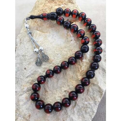 Silver Tassels Pres Amber Prayer Beads Sphere Cut Red Color