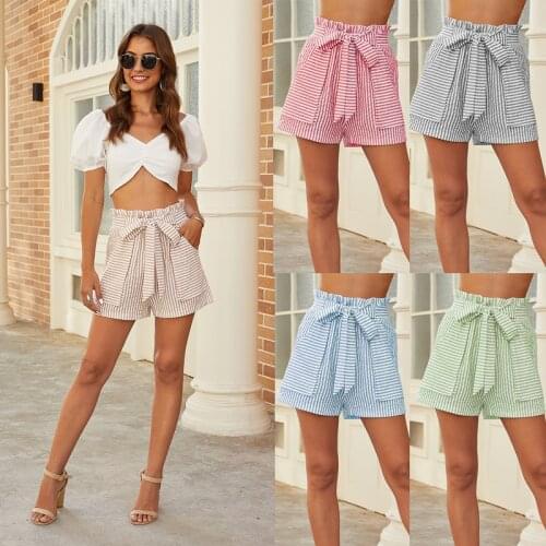 Womens Casual Wild Shorts Elastic Fashion High Waist Pants Summer Comfortable Loose Bow-Knot Stripe Elegant Straight-Leg Shorts