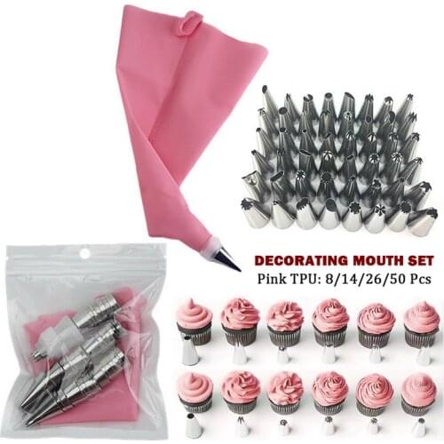 50pcs Pink Silicone Pastry Bags Tips 48 Icing Piping Nozzles + Cream Reusable Pastry Bags Cake Decorating Tools Pastry Nozzles