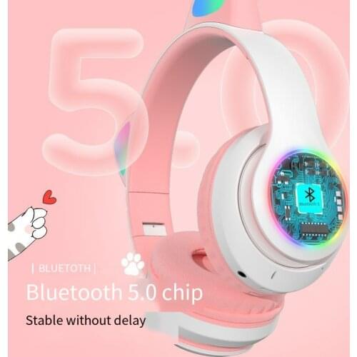 Foldable Cat Ear Stereo Headset Bluetooth Subwoofer Wireless Headset with Music Player and TF Card LED Earphone Child Gift