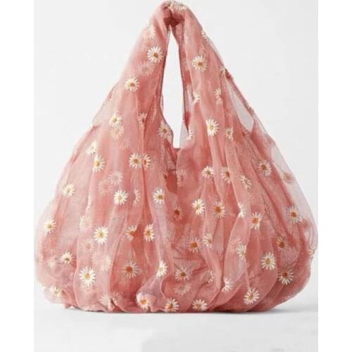 2020 Spring Women Small Transparent Tote Mesh Cloth Bag Daisy Embroidery Handbag High Quality Eco Fruit Bag Purse For Girls