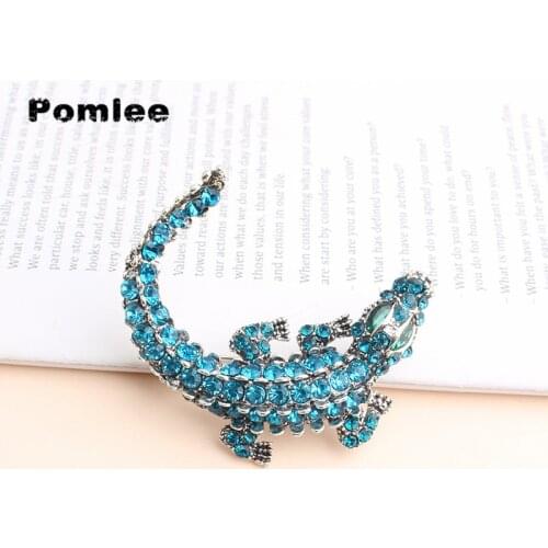 Pomlee Green Eyes Rhinestone Crocodile Brooches For Women Blue Pink Vivid Aniamal Pin Vintage Moving Lizard Pin Christmas Gift