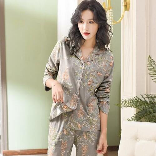 Pajamas For Women 2021 New Full Pure Cotton Women Home Suit Grey Floral Lapel Cardigan Top+Long Bottoms 2 Pcs Women Pajamas 3XL