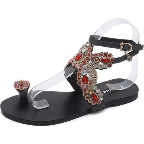 New ethnic Bohemia resort beach gladiator Shoes clip feet with rhinestone flat sandals for women summer Rome Sandals women