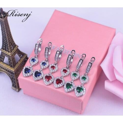 Russian Green Stone White Zircon Heart in Heart Earrings For Women Silver Color Jewelry Drop Earrings Gift