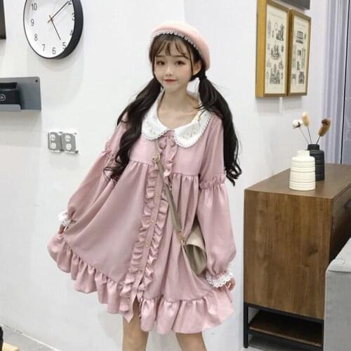 Women Cute Summer Dress Women Harajuku Pink Ladies Ruffle Lace Patch Kawaii Dresses Lolita Cosplay Sweet Loose Vestidos