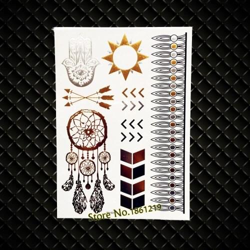 3D Diy Dreamcatcher Designs Gold Flash Metallic Tattoo Women Body Art Jewelry Sticker 21x15CM Silver Hamsa Eye Hands Tattoos