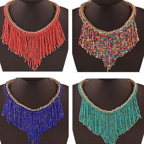 Bohemian Chunky Ethnic Vintage Women Jewelry Resin Bead Handmade Long Tassel Statement Link Chain Choker Gypsy Necklace Fashion