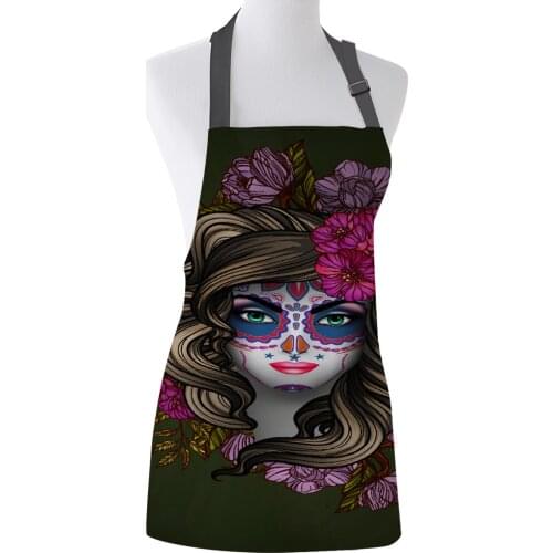 Skull Girl Flower Pattern Kitchen Apron Women Adult Female Home Cooking Baking Cleaning Aprons Bibs Home Tools