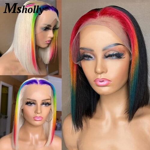 Rainbow Wig Short Bob Human Hair Wigs 13x4 Lace Frontal Wig Straight Blonde Highlight Wig Human Hair Remy Brazilian Hair Wigs