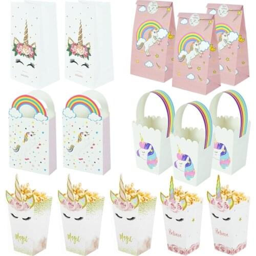 Unicorn Party Paper Popcorn Box Cute Pink Unicorn Candy Cookies Bag Box For Baby Shower Kids Birthday Party Decor Gifts Packing