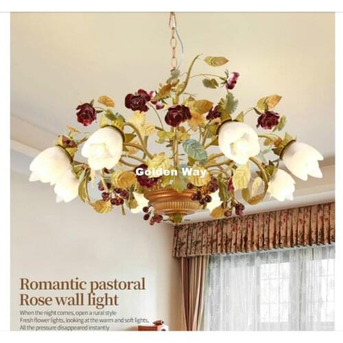 European Floral Design D70cm 6L Chandelier Lighting Glass Shade Rose Lamp Living Room Hanging Lights Dining Room Bedroom Lights