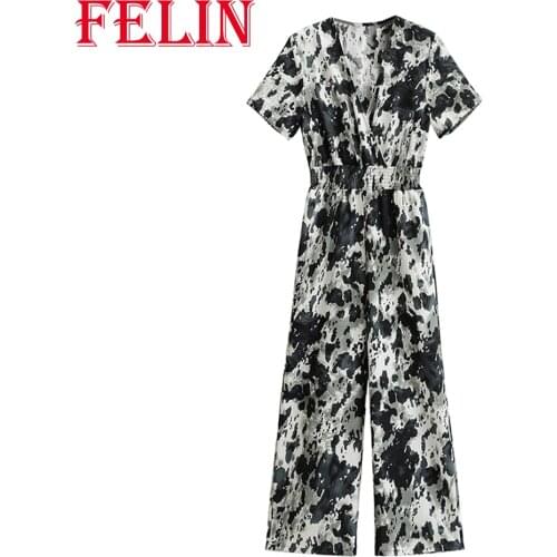 FELIN Women Jumpsuit Za New 2021 Summer Tie Dye V-Neck Contrast Printing Elegant Elastic Waist Rompers Jumpsuit Bodysuit