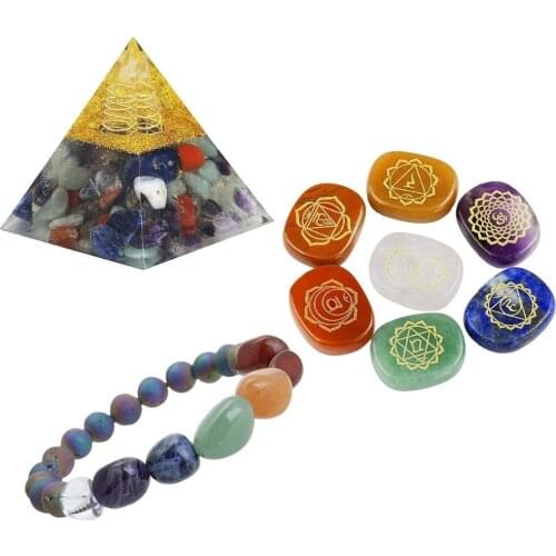 7 Chakra Healing Crystals Kit,Rainbow Bracelet,Engraved Chakra Symbol Balancing Stones,Orgone Pyramid for Meditation,Reiki,Wicca