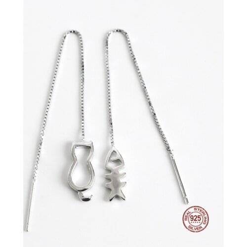 LKO Hollow Asymmetric Cute Cat Fish Long Ear Line 925 Sterling Silver Drop Earrings For Women Sweet Simple Jewelry Ornaments