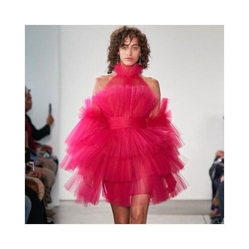New Arrival Chic Rose Red Ruffle Tulle Mini Dress Women Puffy Tiered Party Gown Fashion Halter Short Girls Tulle Party Dresses