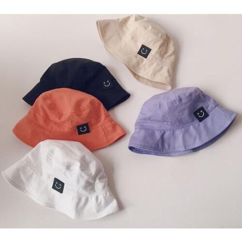 New Autumn Children Bucket Hats Fashion Smiling Face Pure Color Kids Sunshade Basin Caps For Boy Girl Panama Beach Bonnets 1-3Y