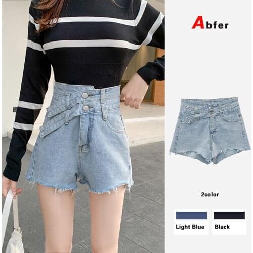Abfer Summer Plus Size Shorts Women Denim Shorts Korean Fashion Tassel Jean Shorts Women High Waist Double Button Short Pants