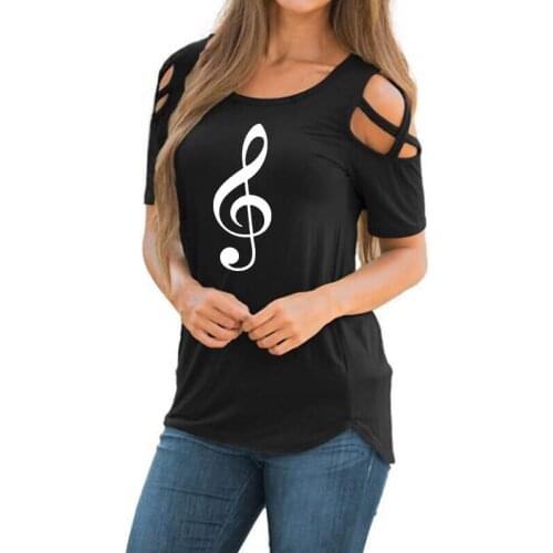 Student Lover Gift Music Note Print Shirt Female Harajuku Off Shoulder T-Shirt Women Graphic Hollow Femme Casual Tops