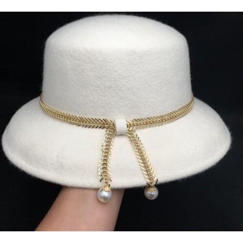 New winter wool Basin of pearl chain wool womens bucket hat elegant white black