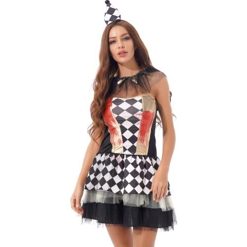Halloween Women Clown Role Play Costume Outfit Strapless Plaid Layered Dress with Mesh Neckwear Lace Gloves Headwear