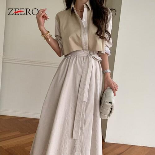 2021 Autumn Casual Striped Fake 2 Pieces Women Dress Turn-down Collar Single-breasted Lace-up Female Loose A-line Dress