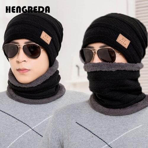 Winter Knit Beanie Hat Men 2-Piece Hat Scarf Set 2019 Newest Male Cap Warm Skull Cap & Neck Warmer with Thick Fleece Lined