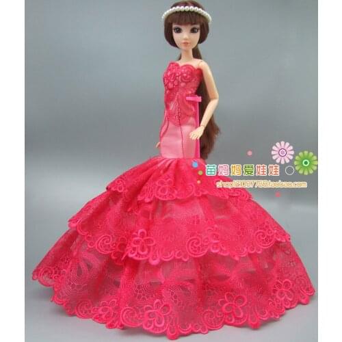 Free shipping New arrival 3 Layer Full around red Lace wedding dress for barbie doll girl toys gift