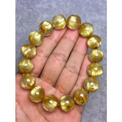 Natural Golden Rutilated Quartz Bracelet 14mm Crystal Stretch Round Bead Woman Men Power Bracelet Certificate AAAAA