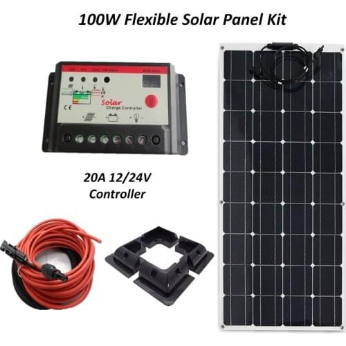 DIY Solar System Kits 100W 1x100W flexible solar panel, 1x PWM 20A LED solar controller,5M Solar cables, 4pcs brackets RV/Marine