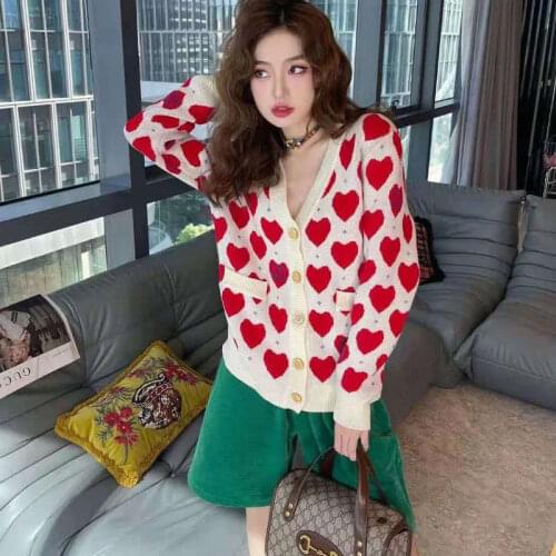 2021 Autumn Winter Love Print Cardigan Sweater Daily Loose V Neck Knitwear Jacket Age Reduction Cute Couple Coat Comfort Soft