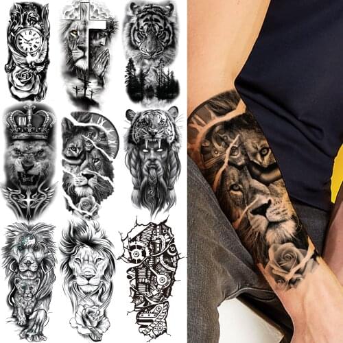 Compass Lion Temporary Tattoo For Men Women Kids Adult Crown Black Demon Tattoos Sticker Cross Fake Forest Tiger Tatoos Supplies
