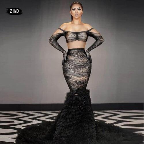 Fashion black mermaid dress lace rhinestone sexy See through off shoulder elegant dress drag queen costumes stage with tail prom