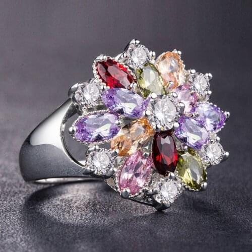Trendy Unique Design Fashion Flower Ring Multicolor Zircon Wedding Bijoux Jewelry Cute Flowers Rings for Women Wholesale