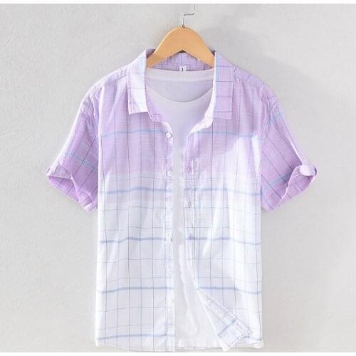 Mens Summer Plaid Short Sleeve Square Collar Shirt Youth Loose Top