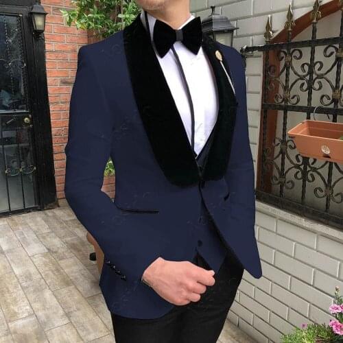 One Button Men Suits Navy Blue and Black Groom Tuxedos Shawl Velvet Lapel Groomsmen Wedding ( Jacket+Pants+Vest+Bow Tie ) D262